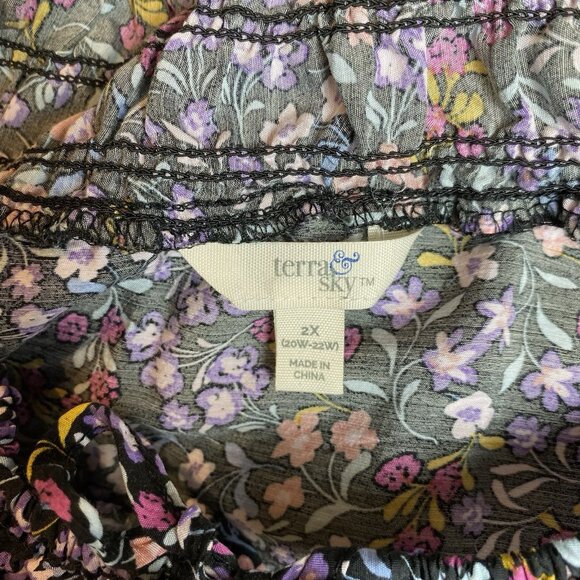 Terra Sky Womens Dress Black Floral Midi Pockets LS Peasant Whimsigoth Boho 2X - Picture 5 of 11